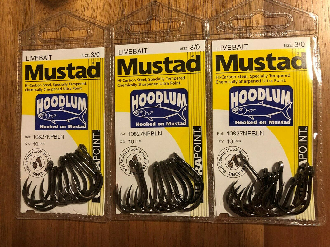 3 Packs of Mustad 10827NPBLN Hoodlum Live Bait 4x Super Strong Fishing Hooks