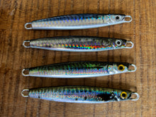 Load image into Gallery viewer, 4 x 50g Tight Lines Reel-Bait-Fish 3D Painted Holographic Slugs or Micro Jigs - Tailor, Salmon, Tuna, Spotty, School Mackerel and More Predatory Gamefish
