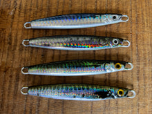 Load image into Gallery viewer, 4 x 50g Tight Lines Reel-Bait-Fish 3D Painted Holographic Slugs or Micro Jigs - Tailor, Salmon, Tuna, Spotty, School Mackerel and More Predatory Gamefish