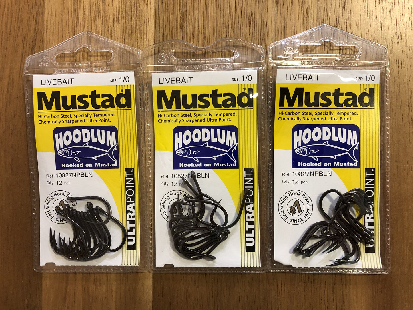 Mustad 10827NPBLN Hoodlum Live Bait 4x Super Strong Fishing Hooks - 3 pack