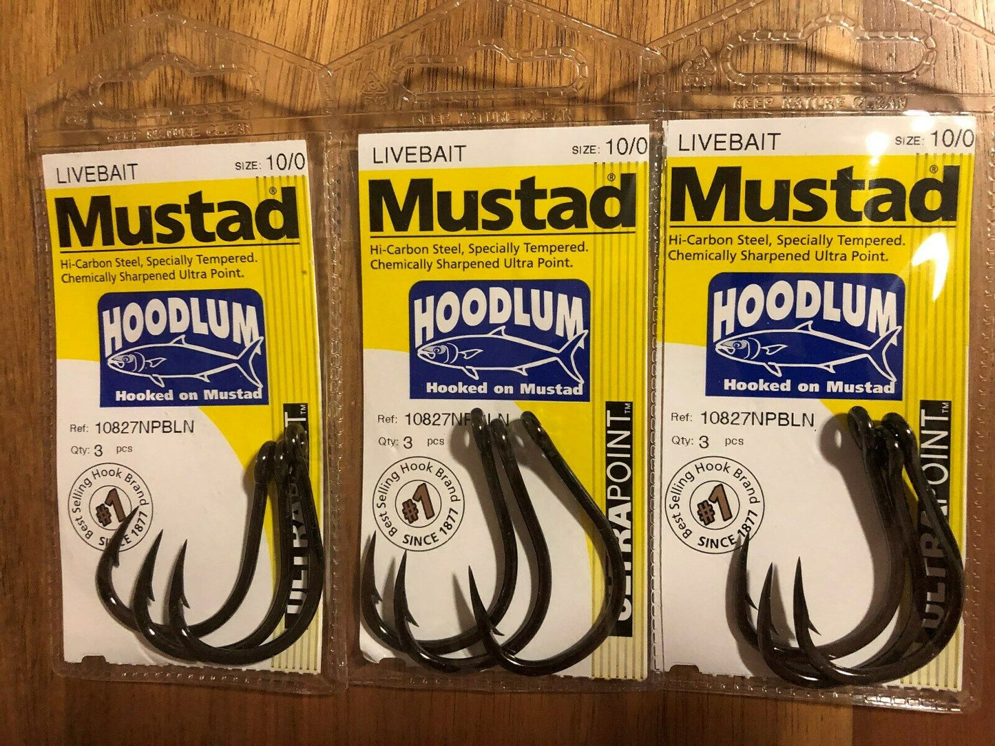 Mustad 10827NPBLN Hoodlum Live Bait 4x Super Strong Fishing Hooks - 3 pack