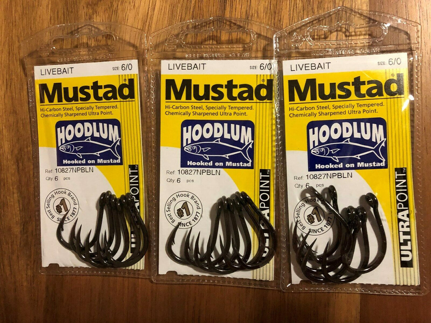 Mustad 10827NPBLN Hoodlum Live Bait 4x Super Strong Fishing Hooks - 3 pack