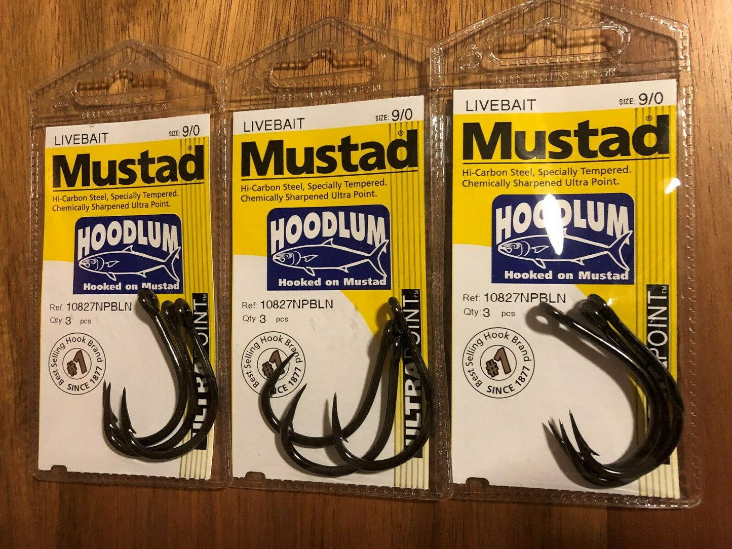 Mustad 10827NPBLN Hoodlum Live Bait 4x Super Strong Fishing Hooks - 3 pack